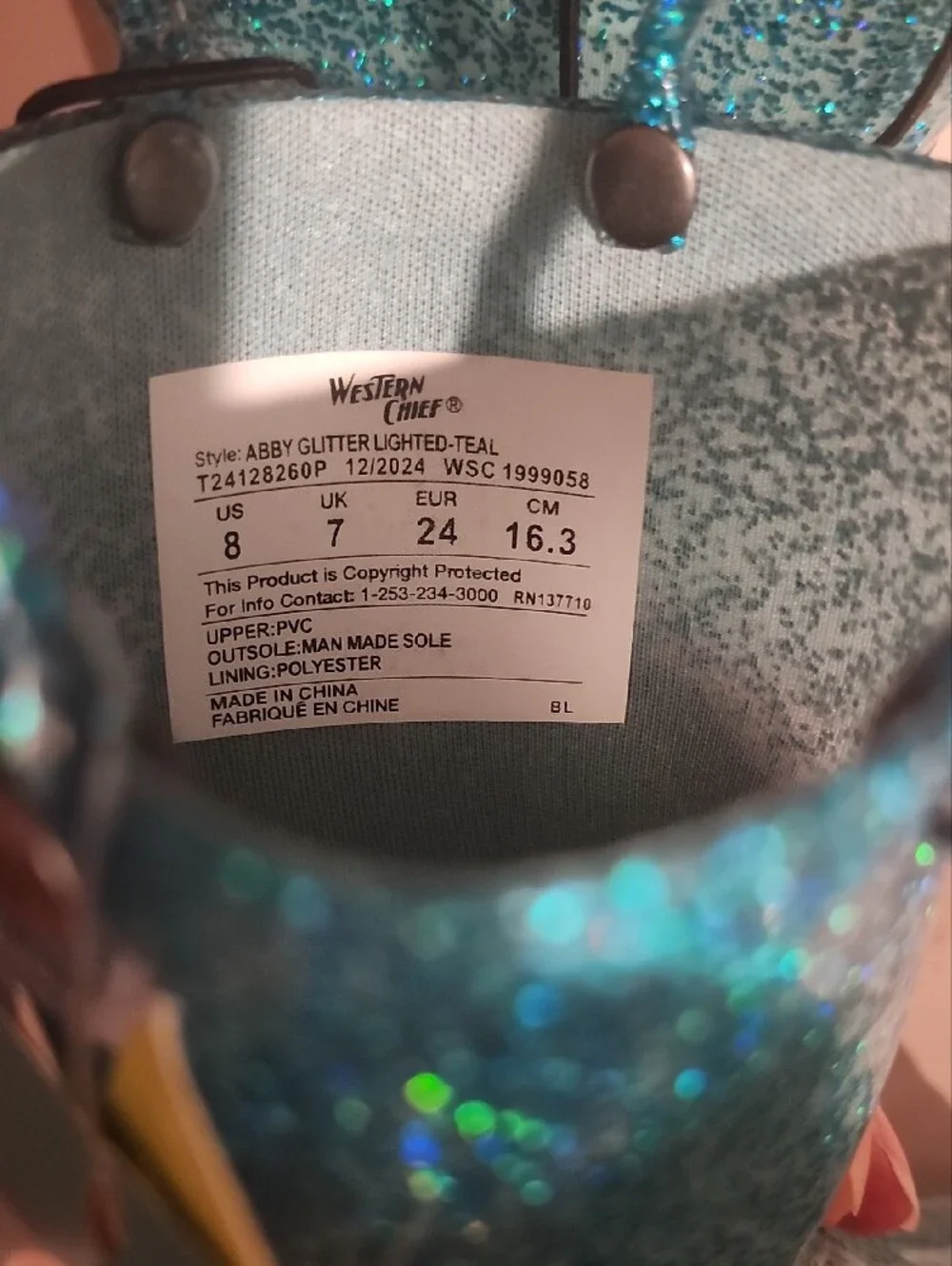 Western Chief Kids Teal Glitter Lights Heart-Handle Pull-On Rain Boots, US 8
